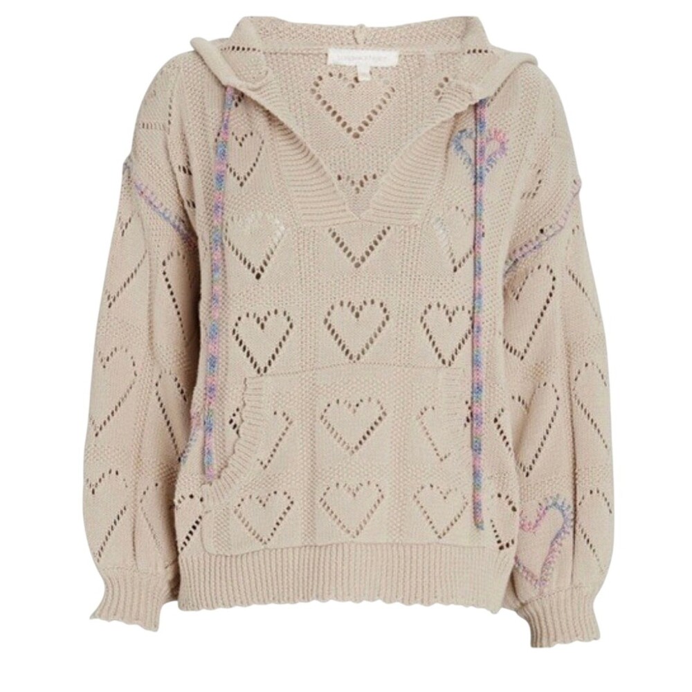 LoveShackFancy Meara Heart Pointelle Hoodie Beige - Medium